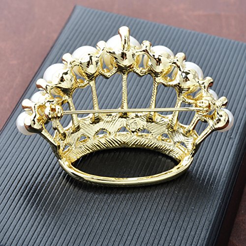 Image of Large Gold Tone Crystal Queen Crown Pin Brooch With Pearl Wedding Bridal Pin