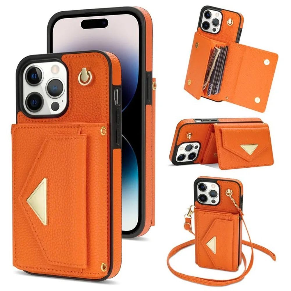 Portefeuille multi-cartes iPhone 14 Pro étui cuir orange bandoulière