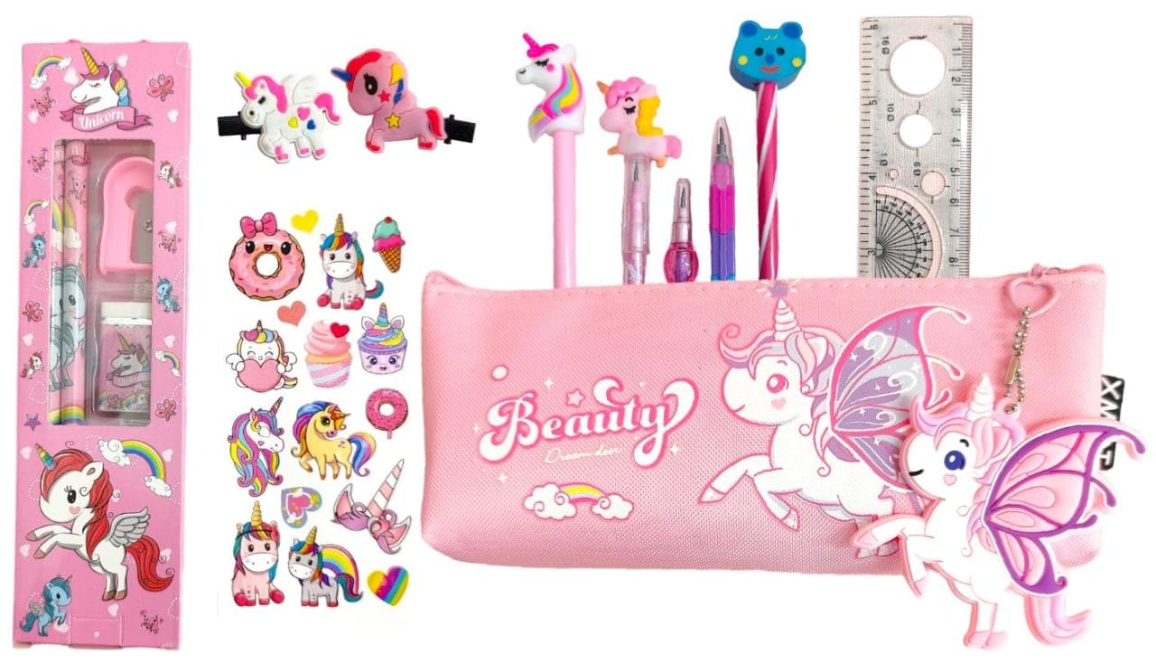 TERA 13 Unicorn Stationery Pouch Combo for Girls, Unicorn Pencil Pouch for Kids, Pen Pencil Eraser Kit for Girls Return Gifts for Girls Unicorn Birthday Gifts Stationery Set (Pack of 10 Items)