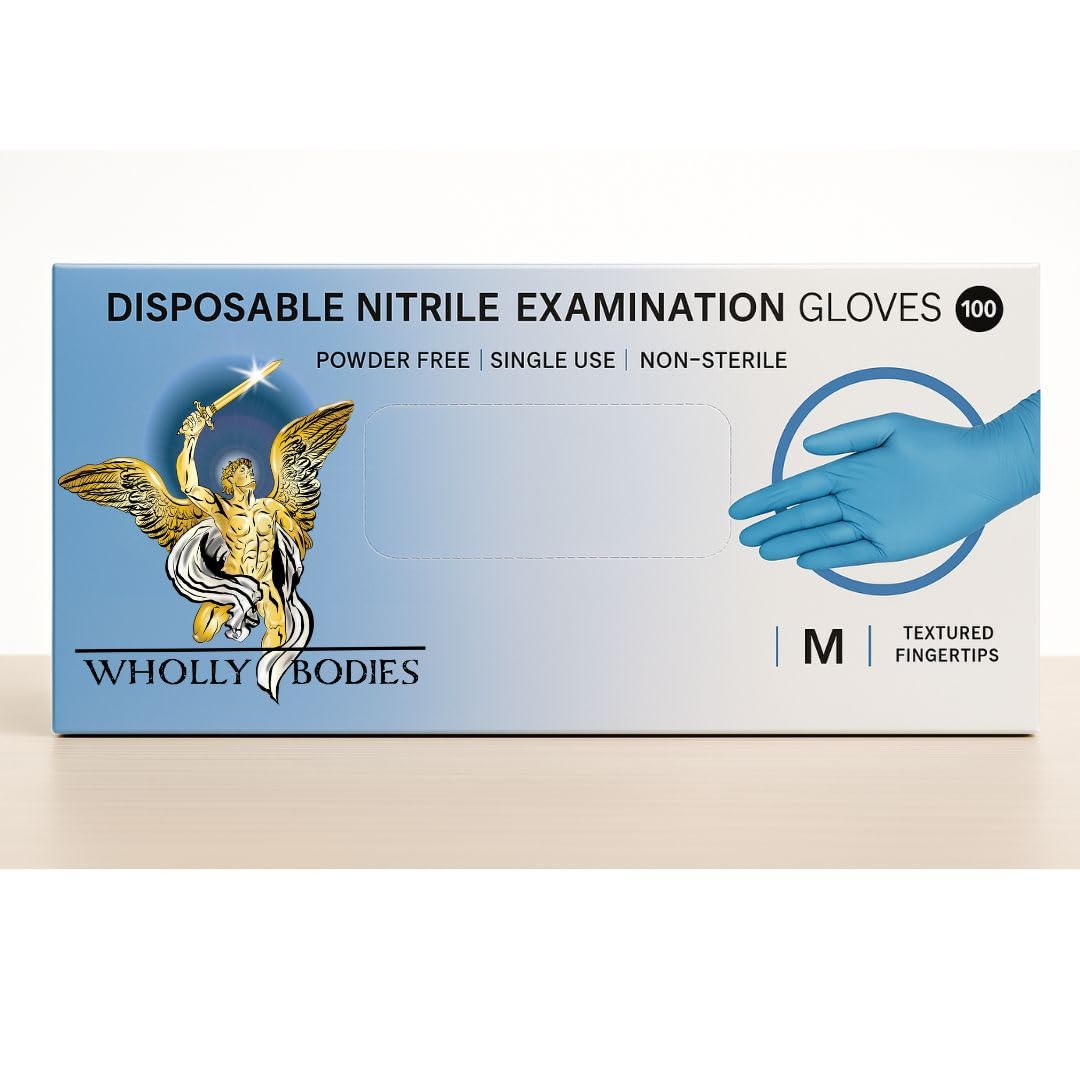 Wholly Bodies Nitrile Exam Gloves 100 Count Latex Free Powder Free Disposable Textured Grip for Medical and Food Use