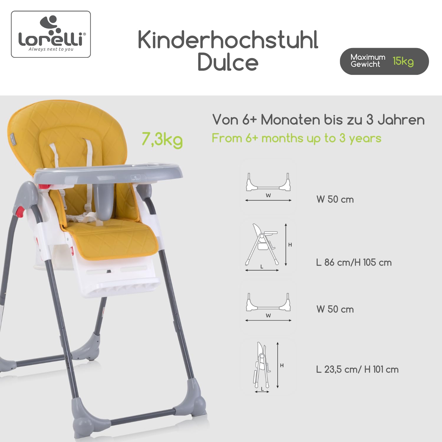 Lorelli Dulce krzesełko dziecięce rosnące wraz z dzieckiem, regulowane krzesło dziecięce z pasem bezpieczeństwa, podwójna taca, kosz, kółka i obicie ze skóry PU, żółte