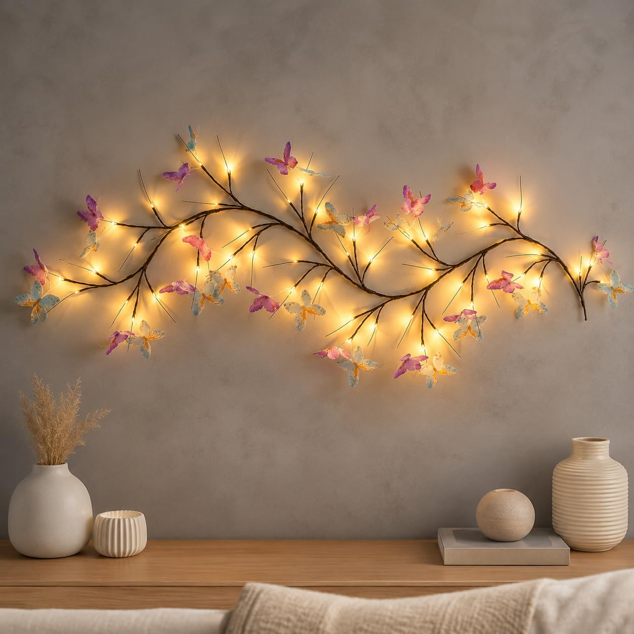 P SEVEN Cherry Blossom LED String Lights, Pink Flower Vine Wall Decor with Remote Control, USB Powered, DIY Indoor Decoration (Butterfly Willow Vine Lights)-image-18