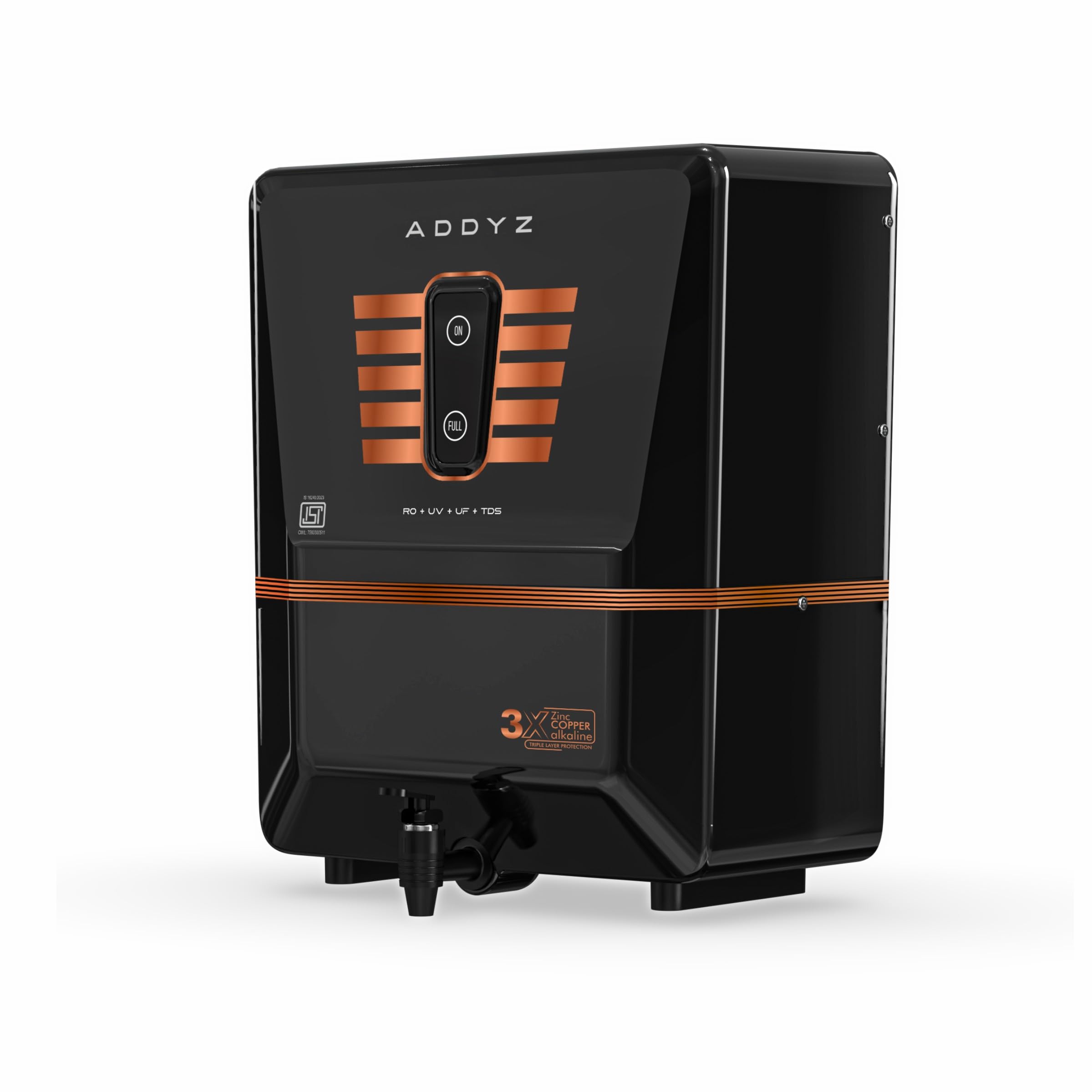 addyz 2.0 ro+uv+uf+alkaline water purifier, 7‑stage filtration, 8l tank, tds adjuster, isi/bis certified 60% higher water recovery advanced rotech (black)
