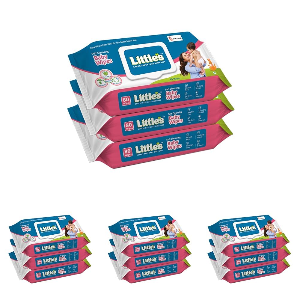 Little's Soft Cleansing Baby Wipes with Lid | 80 Wipes x Pack of 12-240 Wipes | Extra Thick & Moist Wet Wipes for Baby's | Prevents Rashes & Redness with Goodness of Aloe Vera, Vitamin E & Jojoba Oil-picture-36