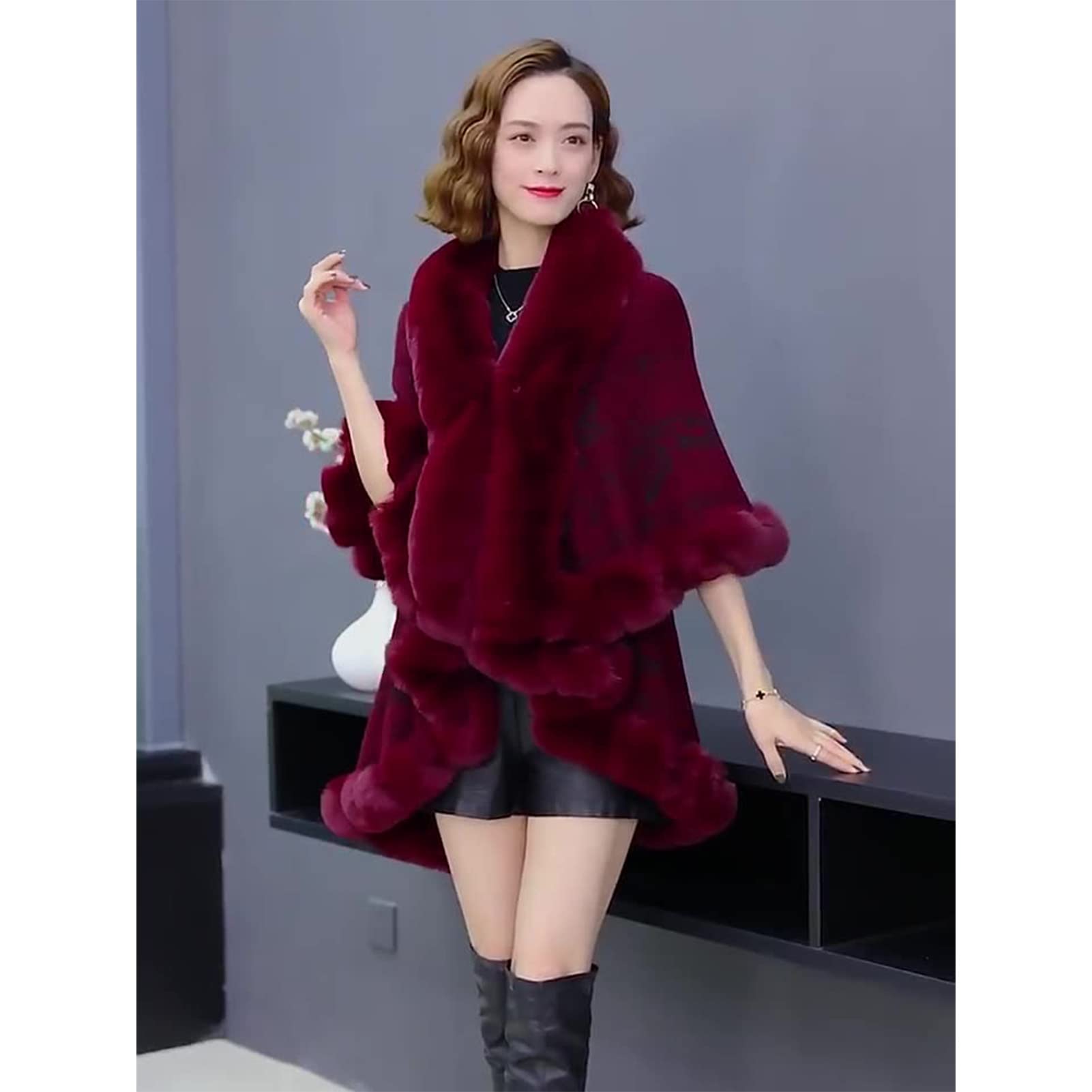 Imitazione Rex Rabbit Fur Collar Capo Lady's Woolen Poncho-Wrap, Lo Scialle Donna Giacca Ispessire Cappotto