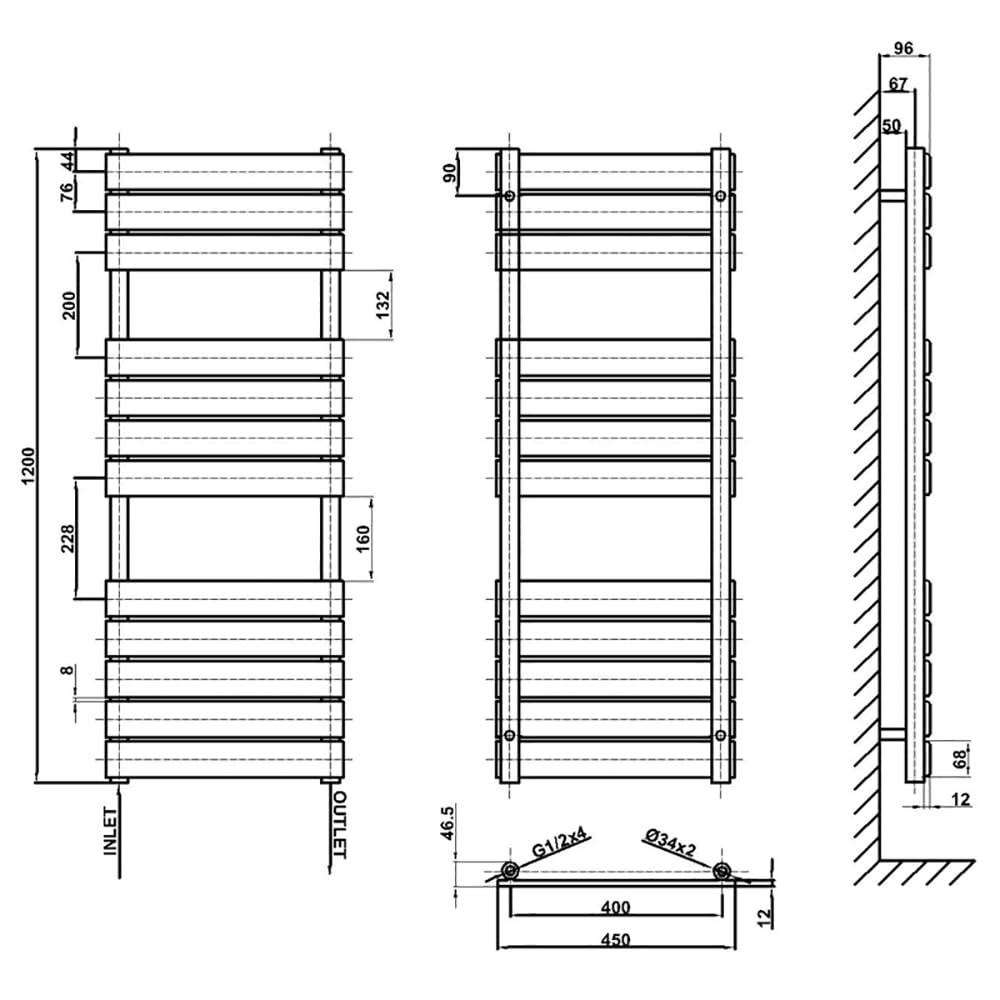 Radiador toallero de baño 1200 x 450 mm (alto x ancho) mm antracita panel plano calefacción central escalera RAD