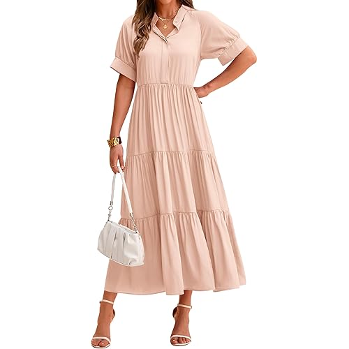 dowerme Women's Summer Dresses 2024 Casual Short Sleeve Button Loose Fit Pleated Boho Flowy Swing Long Beach Sun Dress