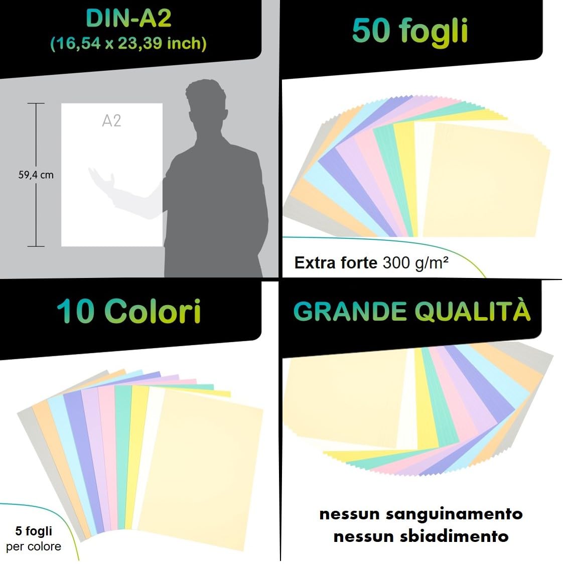 perfect ideaz • 50 fogli di cartoncino fotografico DIN-A2, 10 colori, cartoncino riciclato stabile 300 g/m², Made in Germany, certificato Blue Angel