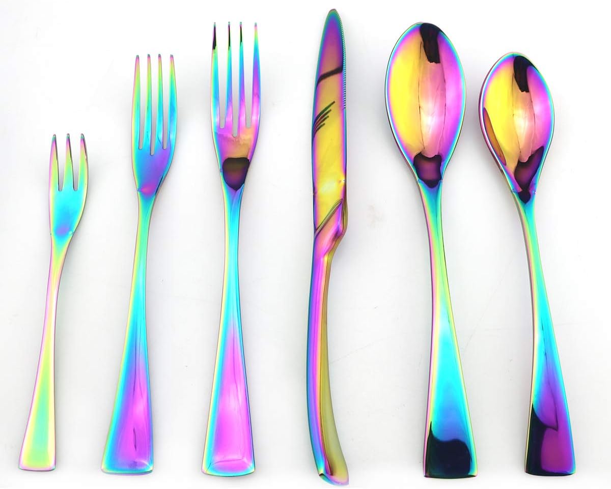 Gugrida 26-Piece 18/10 Stainless Steel Luxury Mirror Polished Rainbow Colorful Silverware Flatware Cutlery Set Service for 4 Include Knife Fork Spoon Dessert Fork Teaspoon Dishwasher Safe