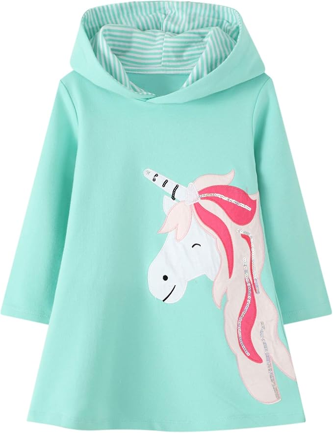FILOWA Vestidos Sudaderas con Capucha para Niñas Algodón Largo Pullover Tops Manga Larga Raya Lentejuelas Casual Vestidos 2-7 años