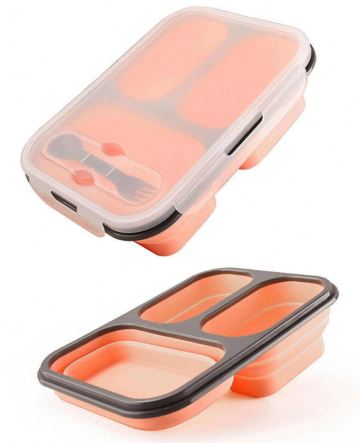 Ulalaza Silicone Collapsible Bento Storage Lunch Food Container Box for Microwave Freezer Dishwasher Safe BPA Free 3 Compartments
