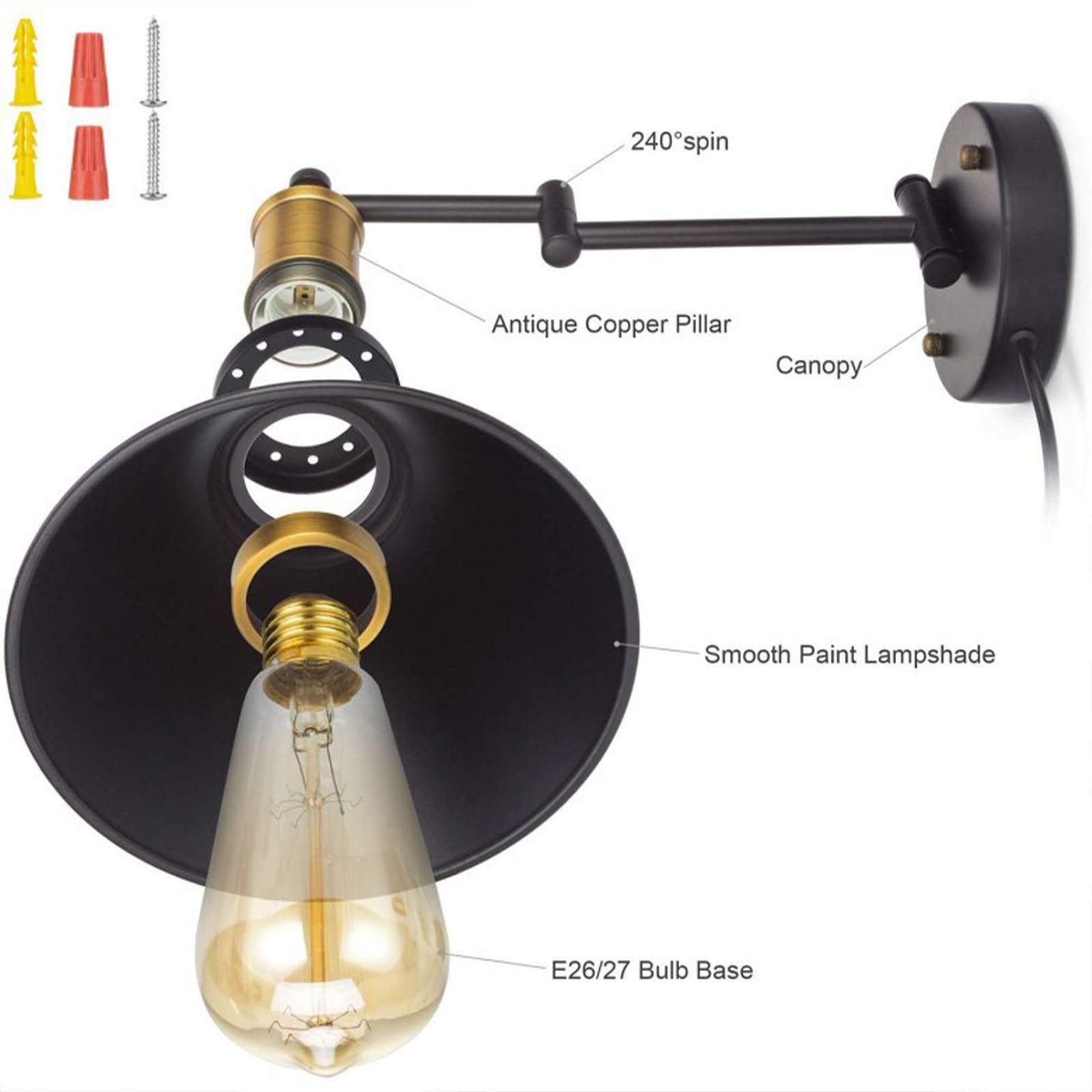 WXKAGF Lampada da Parete Industriale a Braccio Lungo E27 con Interruttore, Lampada da Parete per Camera da Letto Vintage Nera Regolabile con Cavo e Spina da 1,8 m, Illuminazione Rotante con Specchio