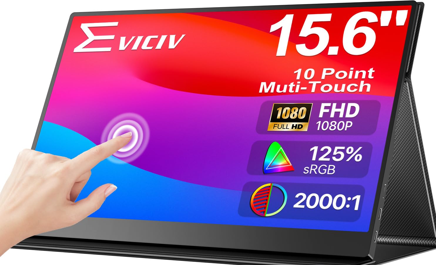 EVICIV Portable Monitor Touchscreen 15,6 Zoll 125% sRGB Tragbarer Bildschirm 2000:1 Matter FHD 10-Punkt Touch Screen Augenpflege mit VESA & Ledertasche, HDMI USB C für Laptop/Phone/Spielkonsole