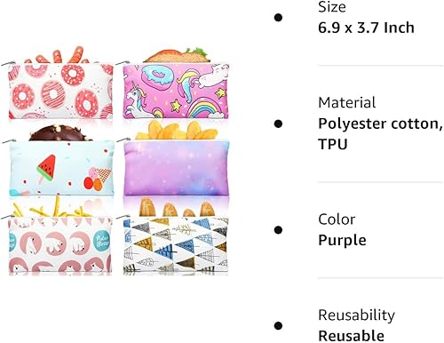 Miniatura 8 de Paquete de 6 bolsas reutilizables para niños con cremallera, seguridad alimentaria, lavables, para el almuerzo, bolsas de almacenamiento de
