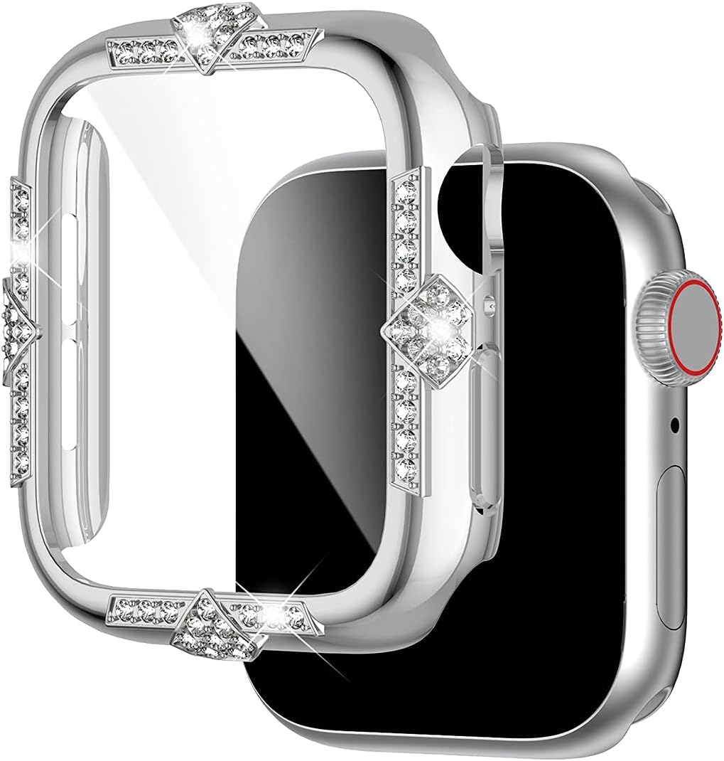 Hard Case Compatible with Apple Watch Case Series SE 6/5/4 40mm Rhinestones with Built-in Glass Screen Protector Diamond iWatch Face Cover Smart Watch Case for Women Girl, 44mm Silver