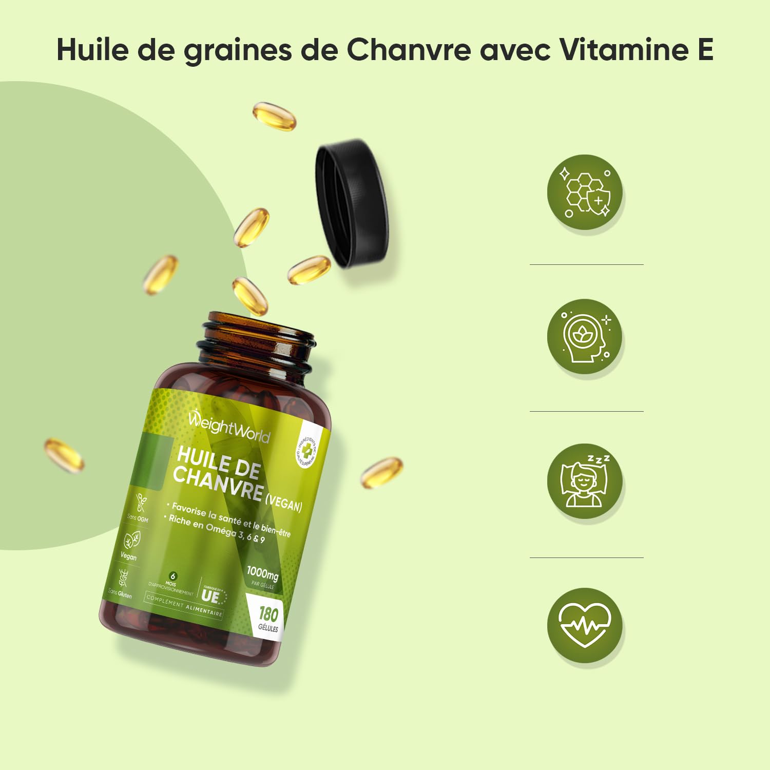 Huile de Graines de Chanvre 1000mg, 180 Gélules Omega 3 Vegan (6 Mois), Huile de Graines de Chanvre Pressées à Froid Riche en Omega 3 6 9 avec Acides Gras Essentiels et Vitamine E sans Arrière Goût