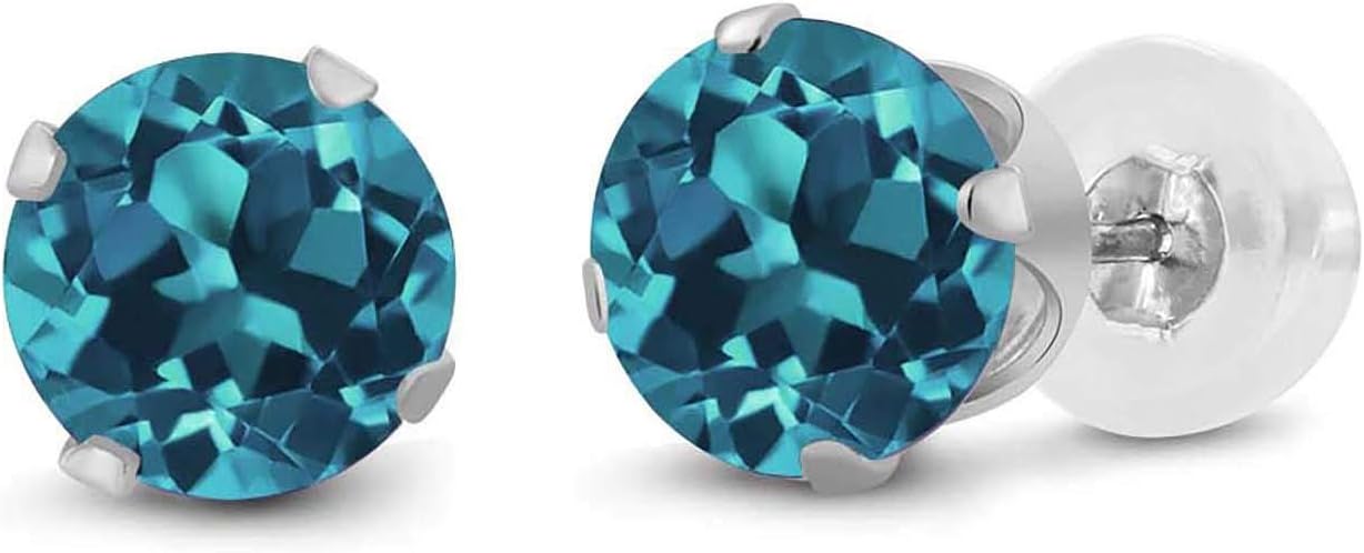 Gem Stone King 10K White Gold London Blue Topaz Stud Earrings For Women Men (1.20 Cttw, Gemstone Birthstone, Round 5MM)