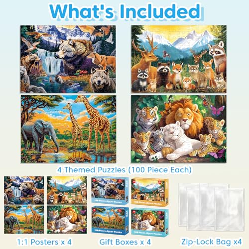 Rompecabezas Jeacirio para Niños de 5 a 8 Años – Colección Mundo de Animales, 4 Paquetes de 100 Piezas, Juguetes Educativos para Niños y Niñas de 4 a 6 Años miniatura 2