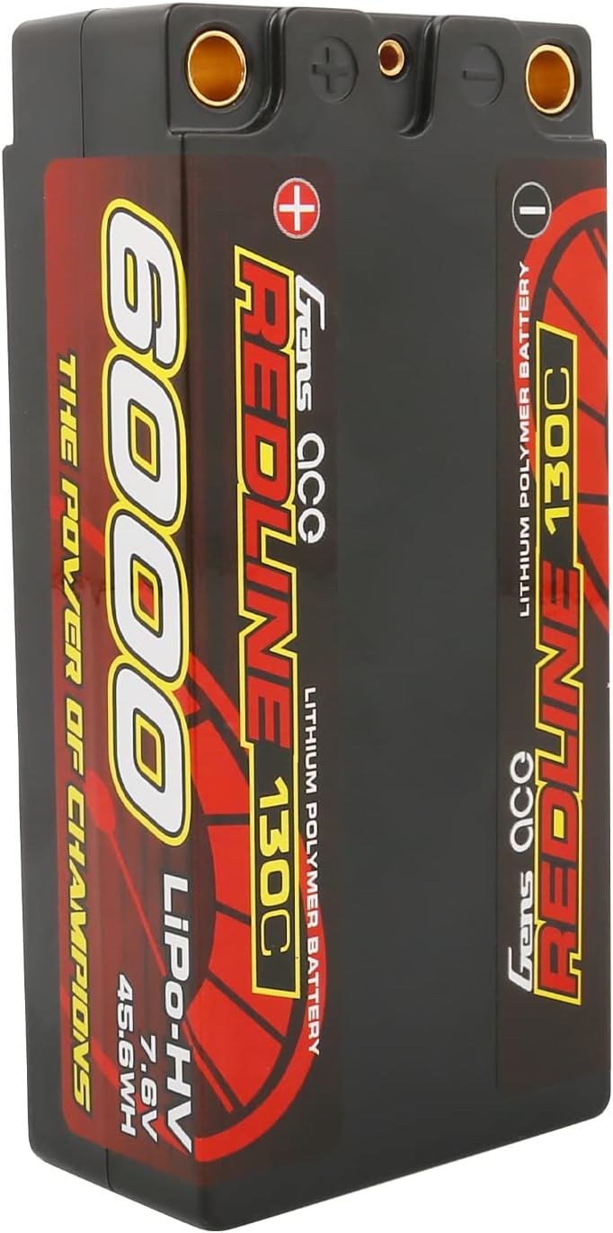 Gens ace 2S Shorty Lipo Battery Redline Series 6000mAh 7.6V 130C 2S2P HardCase HV Lipo Battery for with 5.0mm Bullet for 1 8 1 10 RC Racing Car Off Road Racing F1 Class FWD