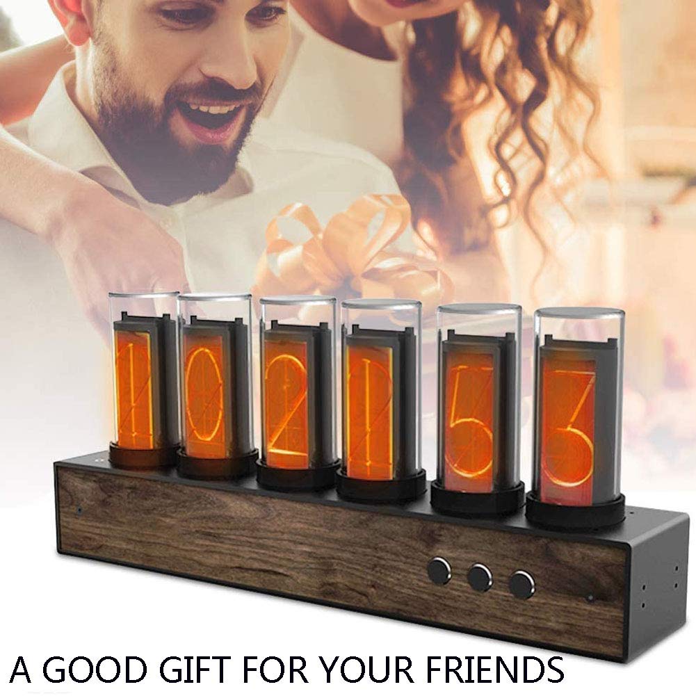 Cadeaux personnalisés, Horloge Tube Nixie, Horloge Tube numérique avec Design magnétique 10 000 Couleurs réglables, contrôle de l'horloge LED avec Panneau en Noyer Noir,