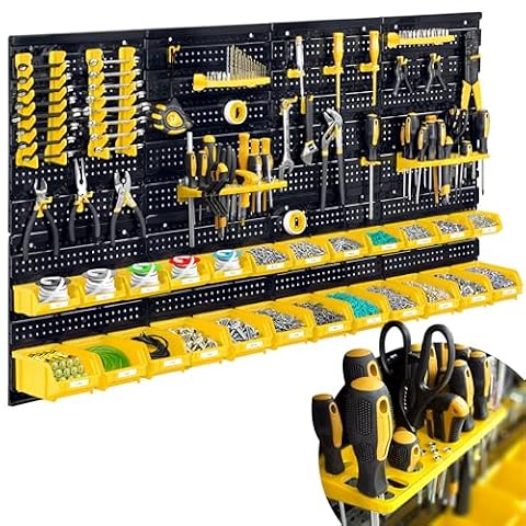 Humberg Ścianka Narzędziowa - Tablica Warsztatowa Perforowana - Regał Ścienny do Warsztatu i Garażu - 8 Modułów - 54 Elementy - Czarno-żółty - 128 x 76 cm