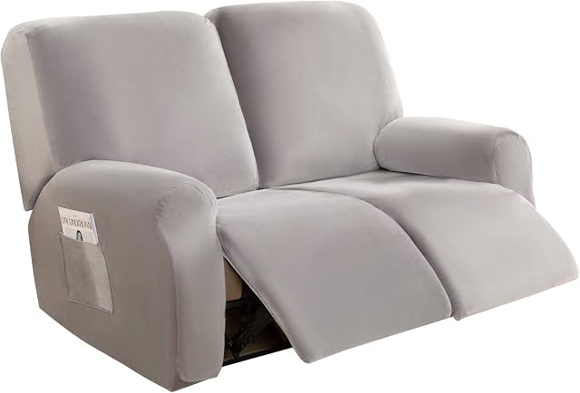 Recliner Chair Cover 2 Seater - Soft Thick Velvet Stretch Recliner Couch Covers 6 Pieces Set, Sofa Chair Cover with Side Pocket for Recliner Sofa Chair Furniture Protector (6 Pieces for 2 Seater)