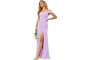 Vestidos Elegantes Lilas de Chifón para Mujer con Escote Bardot y Manga Larga