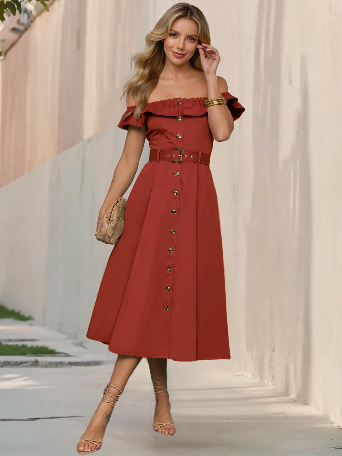 Sukienka damska elegancka letnia sukienka retro z jednym ramieniem wąska falbanka pasek na guziki A-line-morela-m