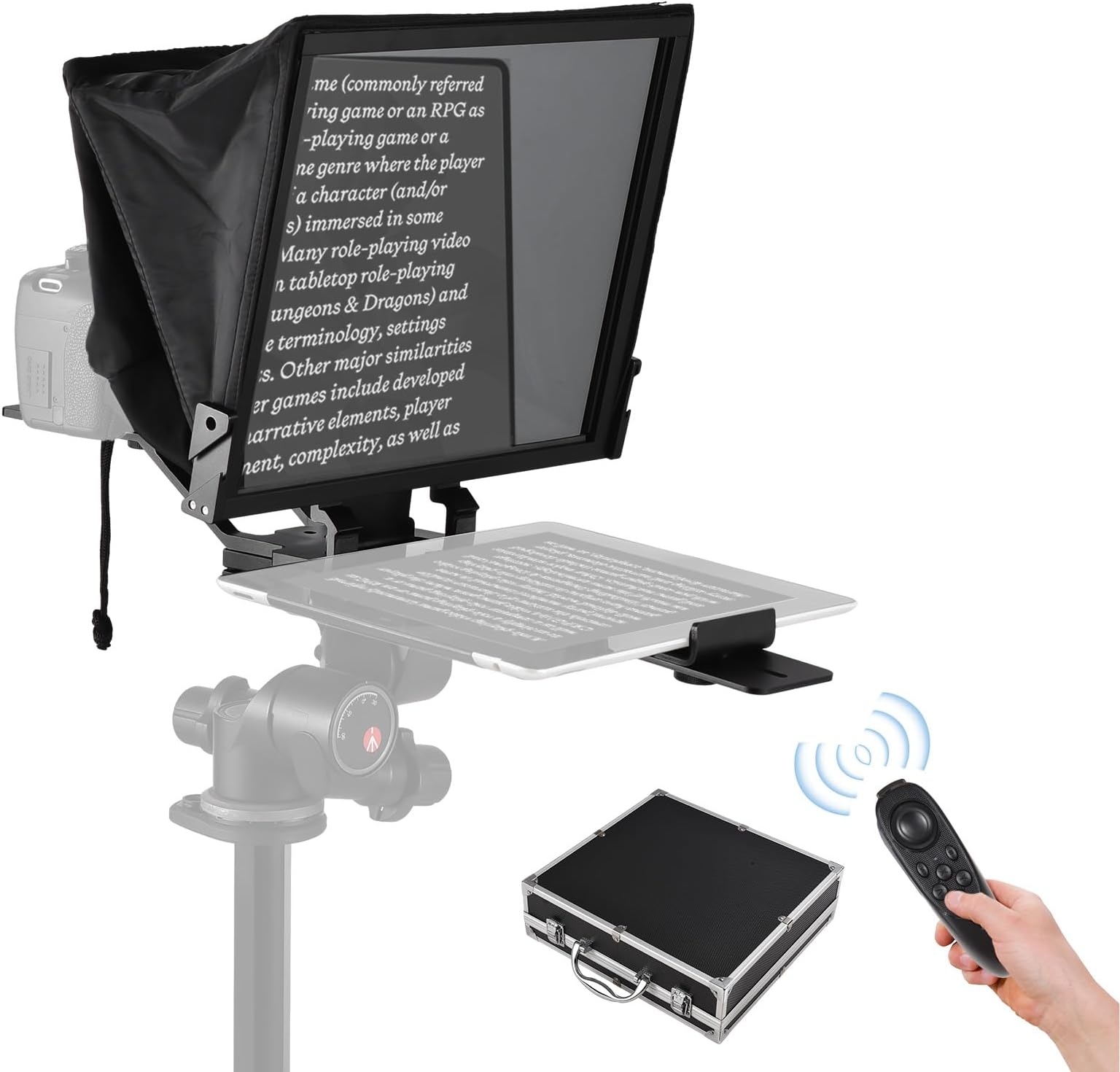 FawoonuPortable Teleprompter 14-inche Universal Prompter with Dual Cold Shoe Mounts & 1/4in Threaded Hole with Remote Control & Carrying Case Compatible with Smartphone/Tablet/DSLR Camera for Inter