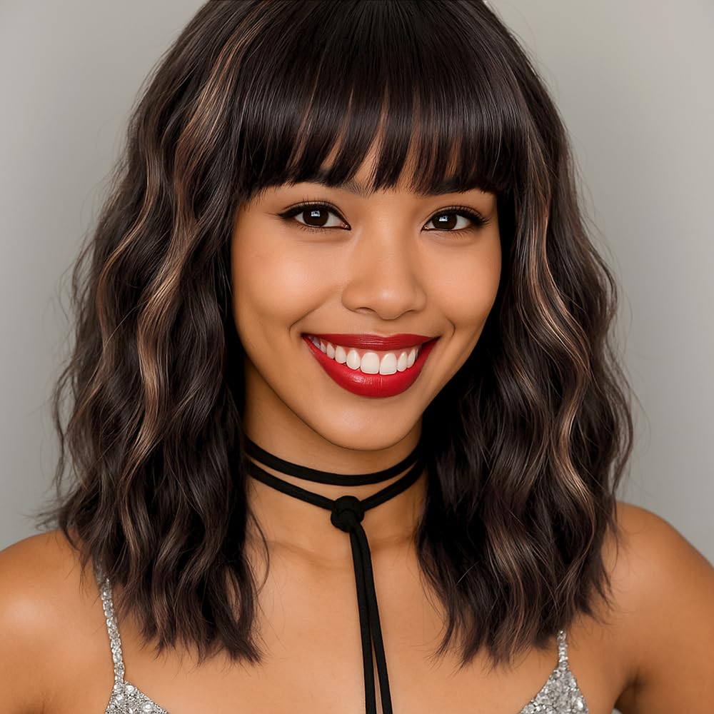 WAVE&BREEZE Short Brown Wavy Wigs with Bangs 14Inch Blonde Highlight Curly Bob Wig for Women Shoulder Length Natural Looking Hair Replacement Wig for Daily Party Use Cosplay Costume Halloween Wig WAVE&BREEZE Short Brown Wavy Wigs with Bangs 14Inch Blonde Highlight Curly Bob Wig for Women Shoulder Length Natural Looking Hair Replacement Wig for Daily Party Use Cosplay Costume Halloween Wig