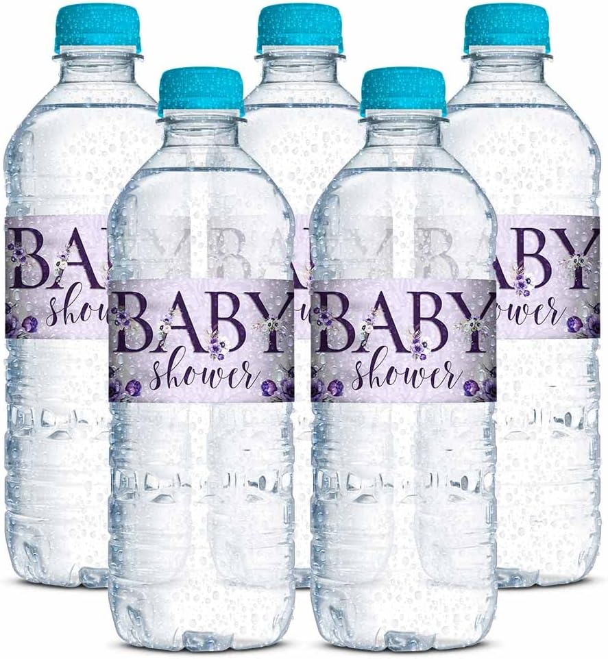 Purple Water Bottle Labels for Baby Shower, 20 Waterproof Vinyl 1.75 x 8.5 Inch Wraps for Girl Party Drinks, Violet Floral Lavender Theme, Made in USA by Amanda Creation image 3