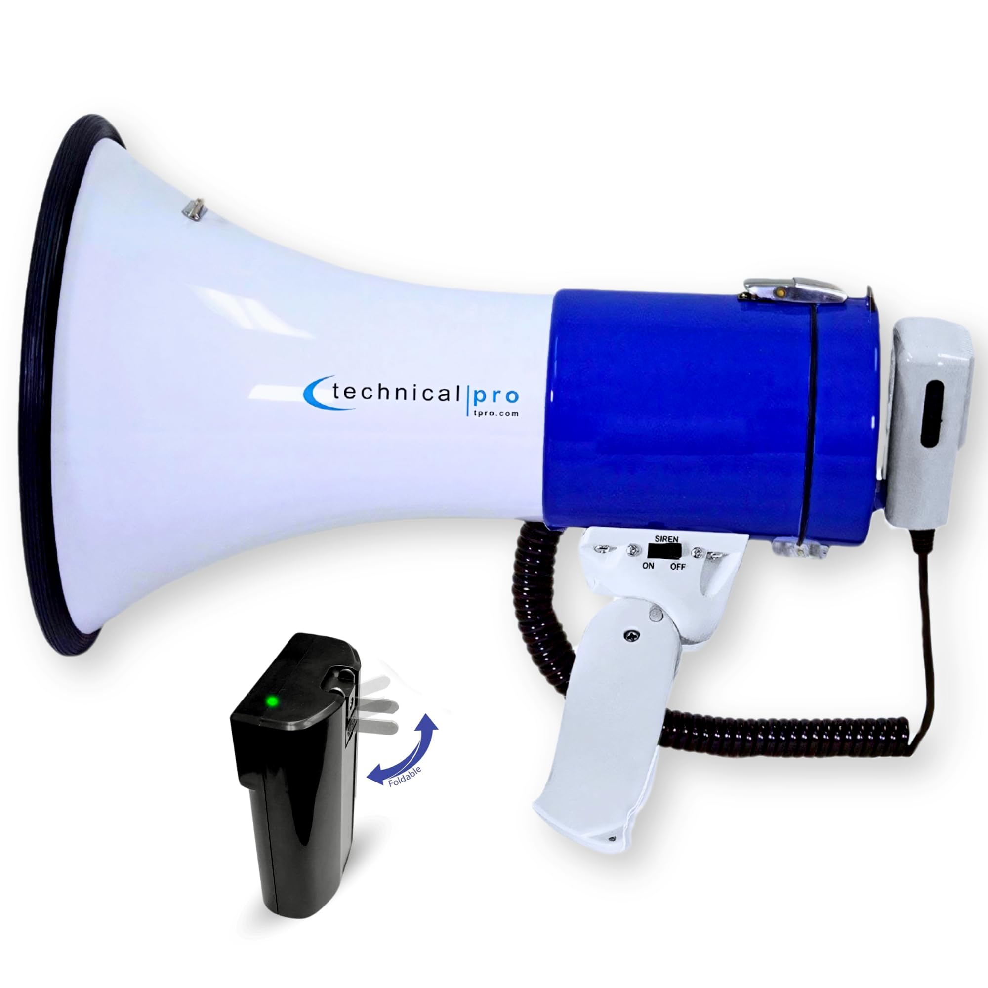 Rechargeable Portable 75-Watt Megaphone Bullhorn Speaker w/Siren & Detachable Microphone - Battery w/Battery a Built-in AC Wall Charger, Good for Trainers, Coaches, Cheer Leaders