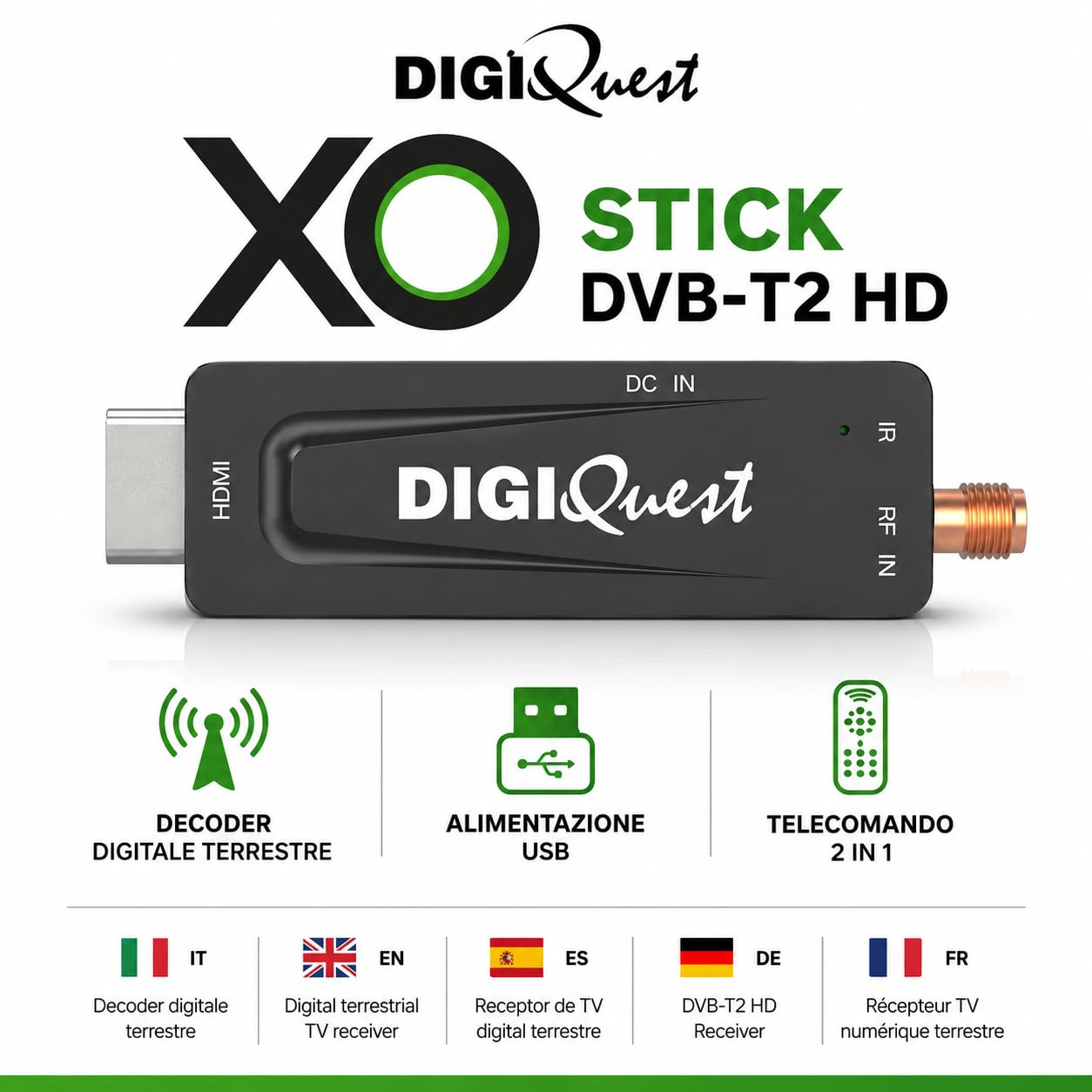 Digiquest DecoderTerrestre, XO Stick, DVB-T2, Schwarz - Sparen Sie Energie durch die Stromversorgung des Fernsehgeräts, 2-in-1-Fernbedienung, ideal für Wandfernseher