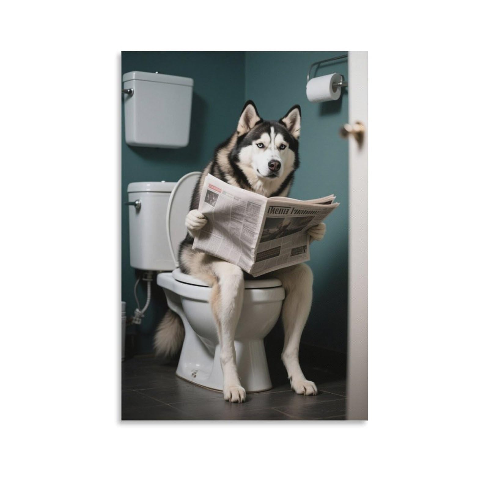 3D Printing Husky Reading Newspapers Funny Bathroom Wall Art Humor Poster on Toilet,Vintage Abstract Animal Interesting Artwork Prints for Decor 16x24inch(40x60cm)