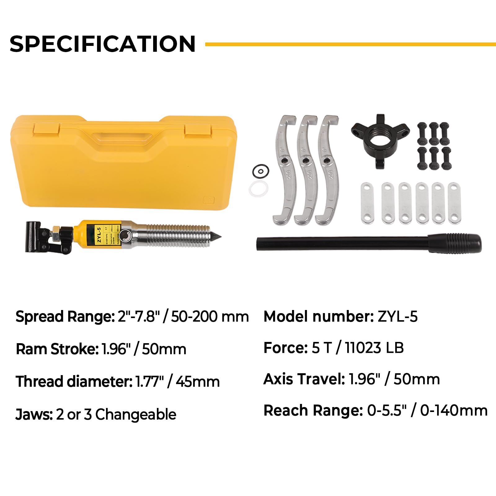 Extractor de engranajes hidráulicos de mandíbula de 8 pulgadas, capacidad máxima de 5 toneladas, separador de buje de rodamiento ajustable de 2 o 3 mandíbulas, vertical y horizontalmente,