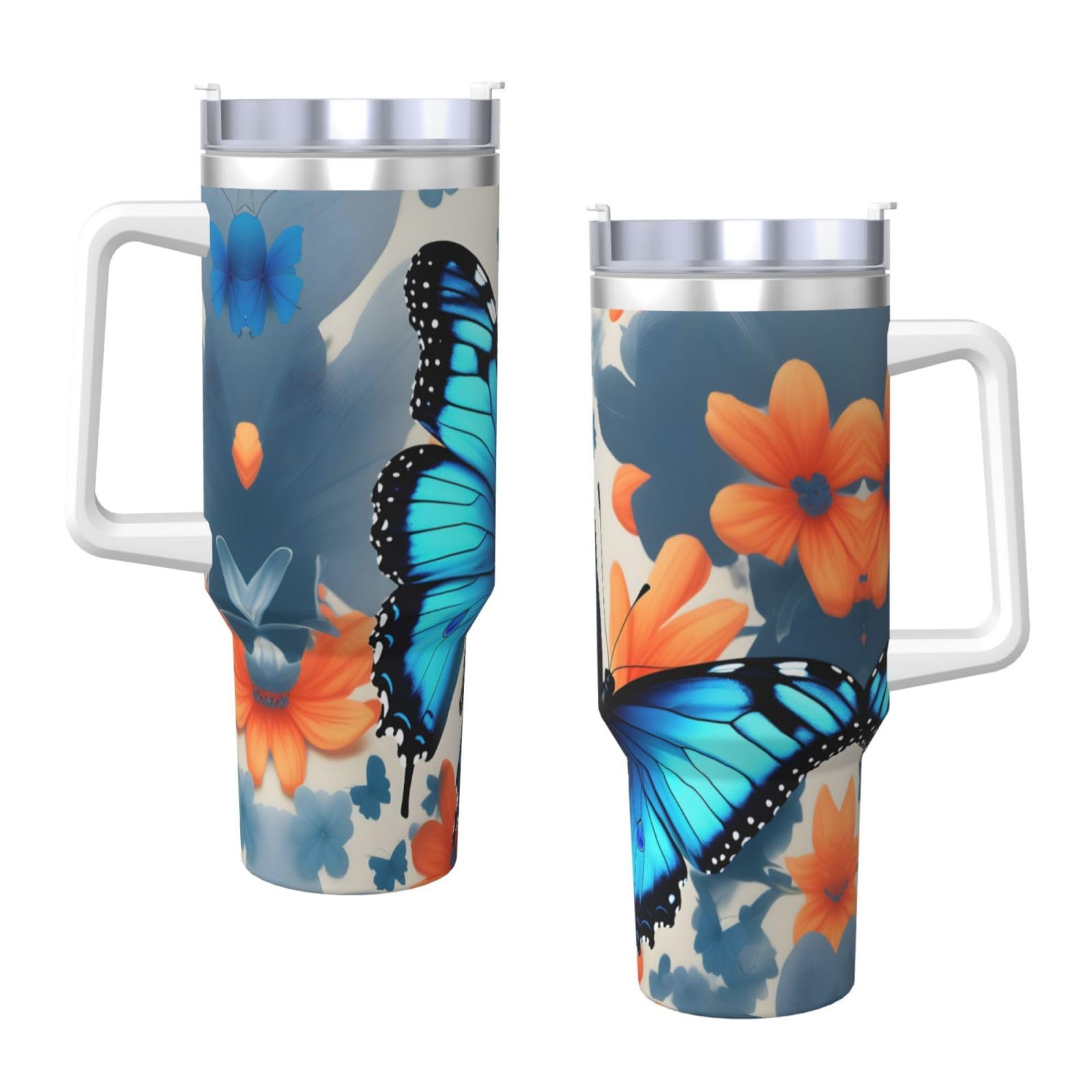 Blue Butterfly Ice Bully Doppelwandige isolierte Wasserflasche mit Griff und Strohhalm-Deckel, 1,2 l