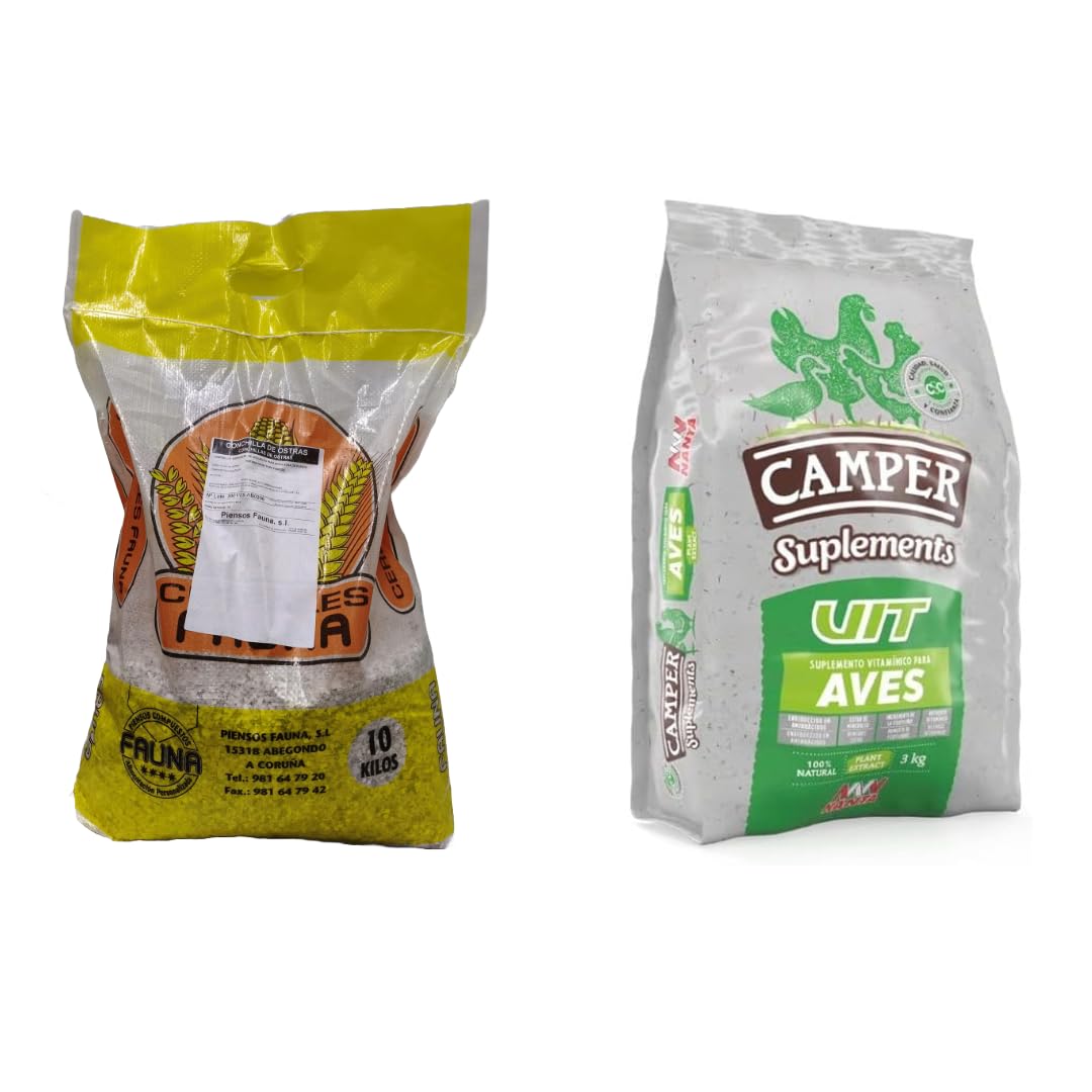 Pack Gallinas: Conchilla de ostra 10kg + CamperVit 3kg Suplemento Vitaminico para Aves. Mayor produccion de Huevos.