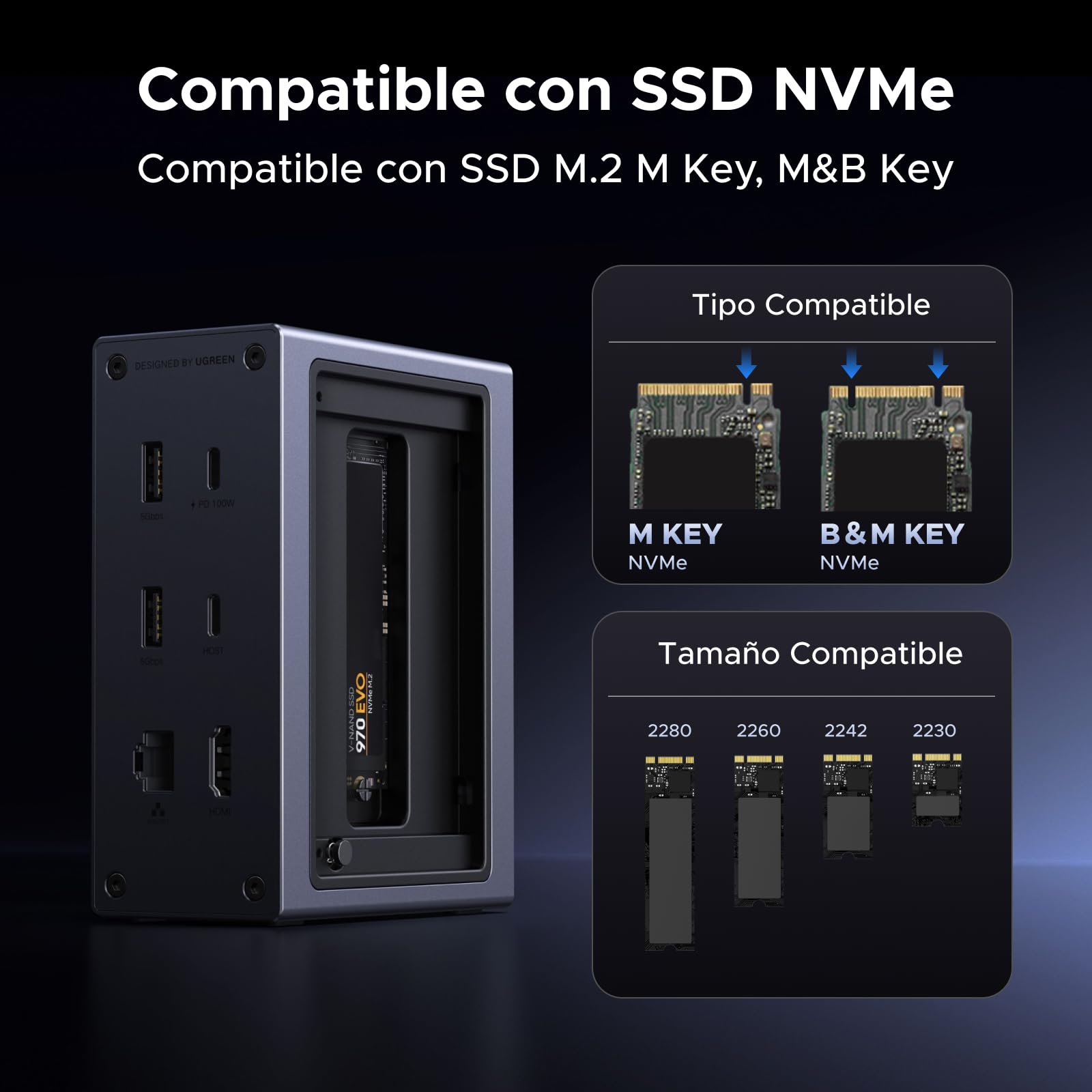 UGREEN Revodok Pro Docking Station USB C 10 en 1 Estación de Acoplamiento | Con Boîtier SSD M.2 NVME, HDMI 4K 60Hz, 10Gbps Transferencia Rápida, PD 100W, Ethernet Gigabit, Lector de Tarjetas SD y TF