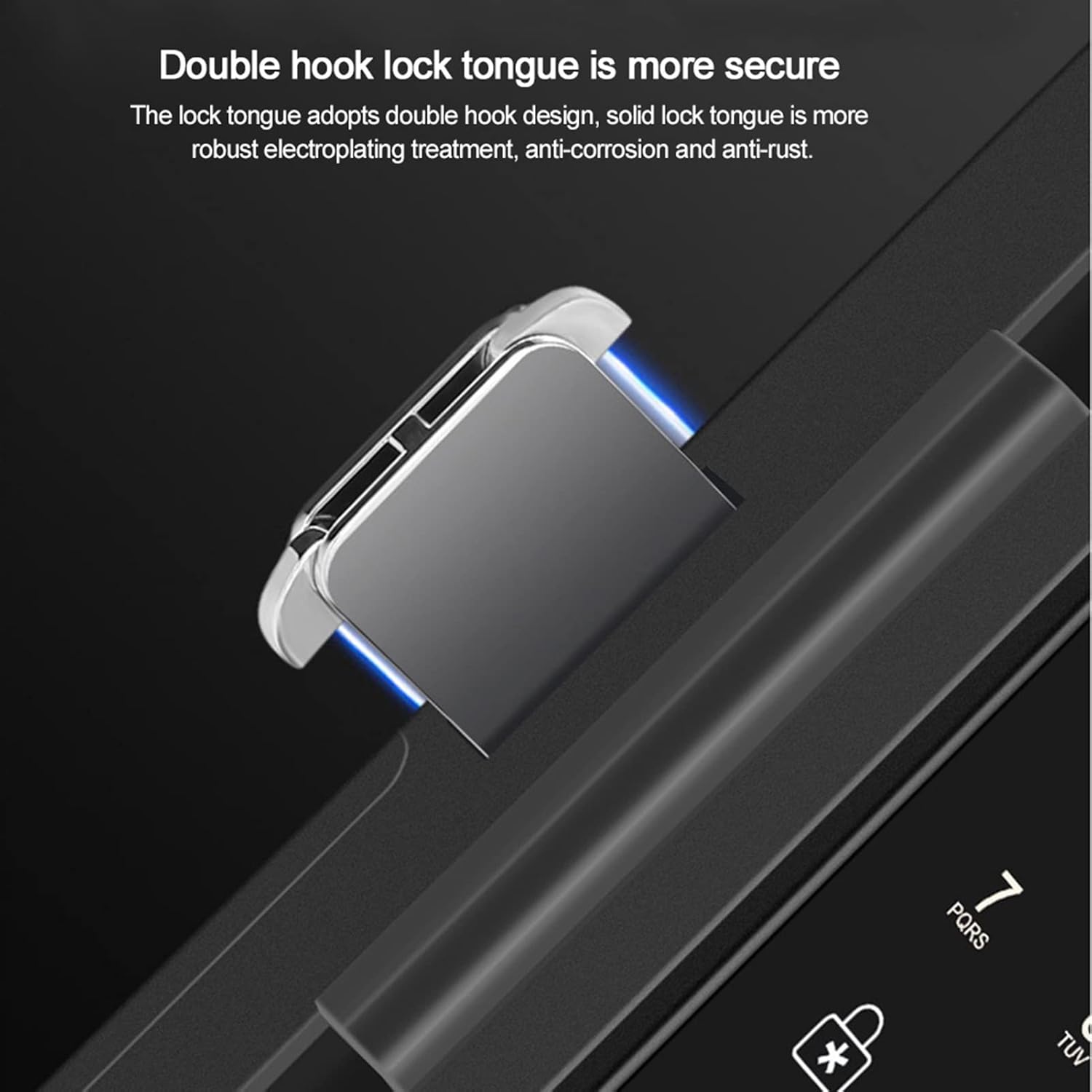 Close-up of the double hook lock tongue mechanism, designed for enhanced security, anti-corrosion, and anti-rust.