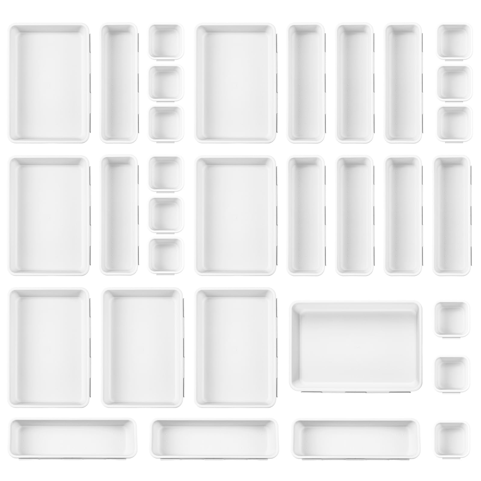Purpeak 32 Pcs Desk Drawer Organizer Office Organization Tray Versatile Vanity Organizer with Nonslip Pads Makeup Organizer for Divider Drawer Storage Box Container for Kitchen Bedroom (White)