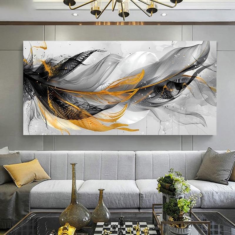 Tableau sur toile plumes noires blanches dorées déco salon moderne 70x120