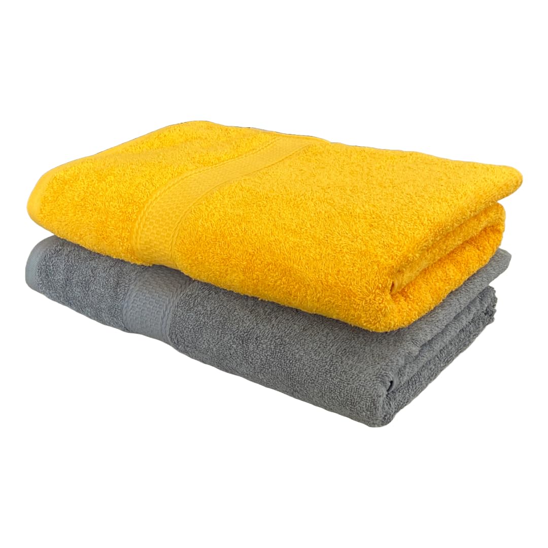 PatPug 100% Indian Ultra Soft Cotton 500 GSM Highly Absorbent, Fade Resistant, Quick Drying Large Bath Towel (Silver Grey and Sunrise Yellow)
