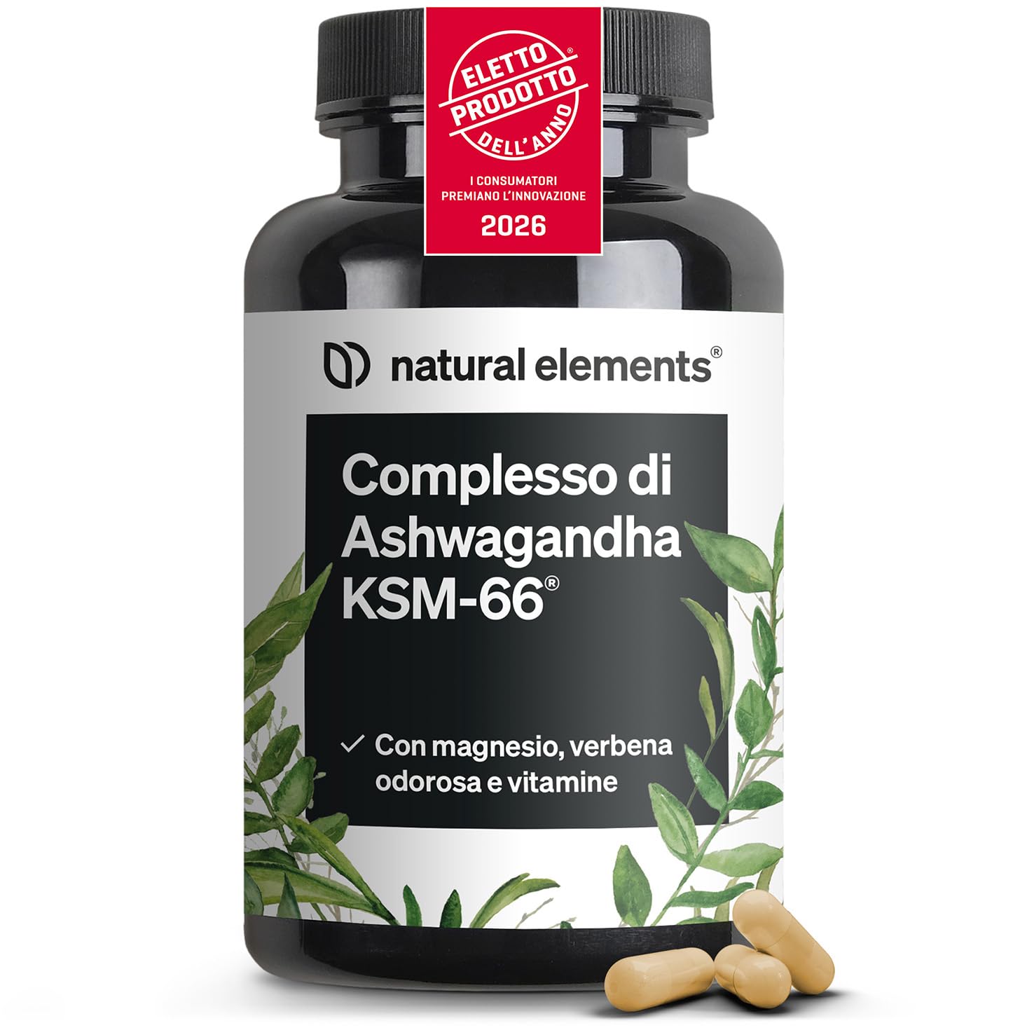 Ashwagandha KSM-66, 120 Capsule, completo con Magnesio Bisglicinato, Vitamine B6, B12 e Vitamina C, 600mg Ashwagandha per dose giornaliera, vegano, prodotto e testato in Germania