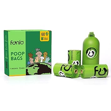 Funio Dog Poop Bag Dispenser with Adjusted Strap for Leash Includes 4 Refill Rolls,60 Counts Dog Poop Bags,Green