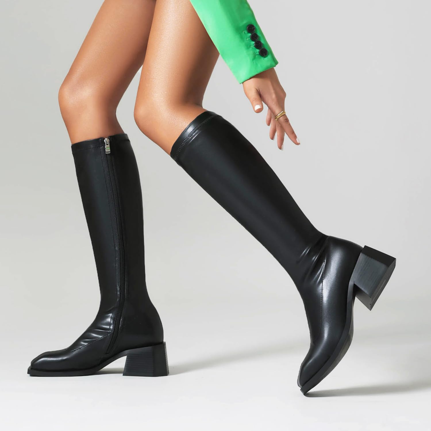 vivianly Women's Fashion Knee High Boots Chunky Block Heel Square Toe Zipper Long Boot