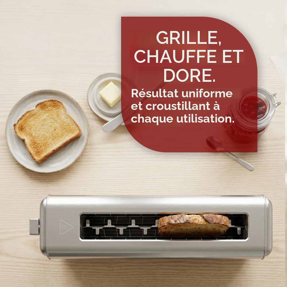 Grille-Pain à Fente Longue NTS1R11000X, 1100 W, 7 Niveaux de Brunissage, Commande Manuelle, Minuterie, Décongélation, Réchauffage et Déjection, Tiroir Miettes Amovible, Nettoyage Facile