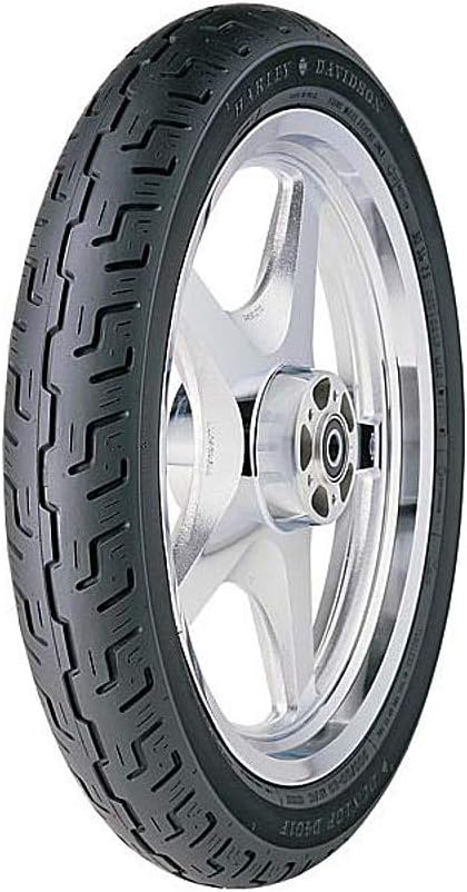 Dunlop Harley Davidson D401 Front Tire mounted on a chrome motorcycle wheel.