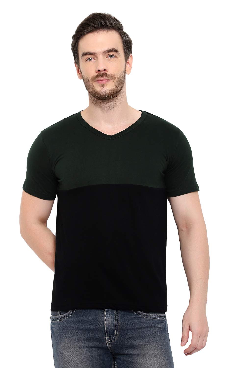 PhrillMen's Regular Fit Half Sleeve Two Panel Cotton T-Shirt (PHRVNCK-HS-2PNL_GB_XL_Green, Black)