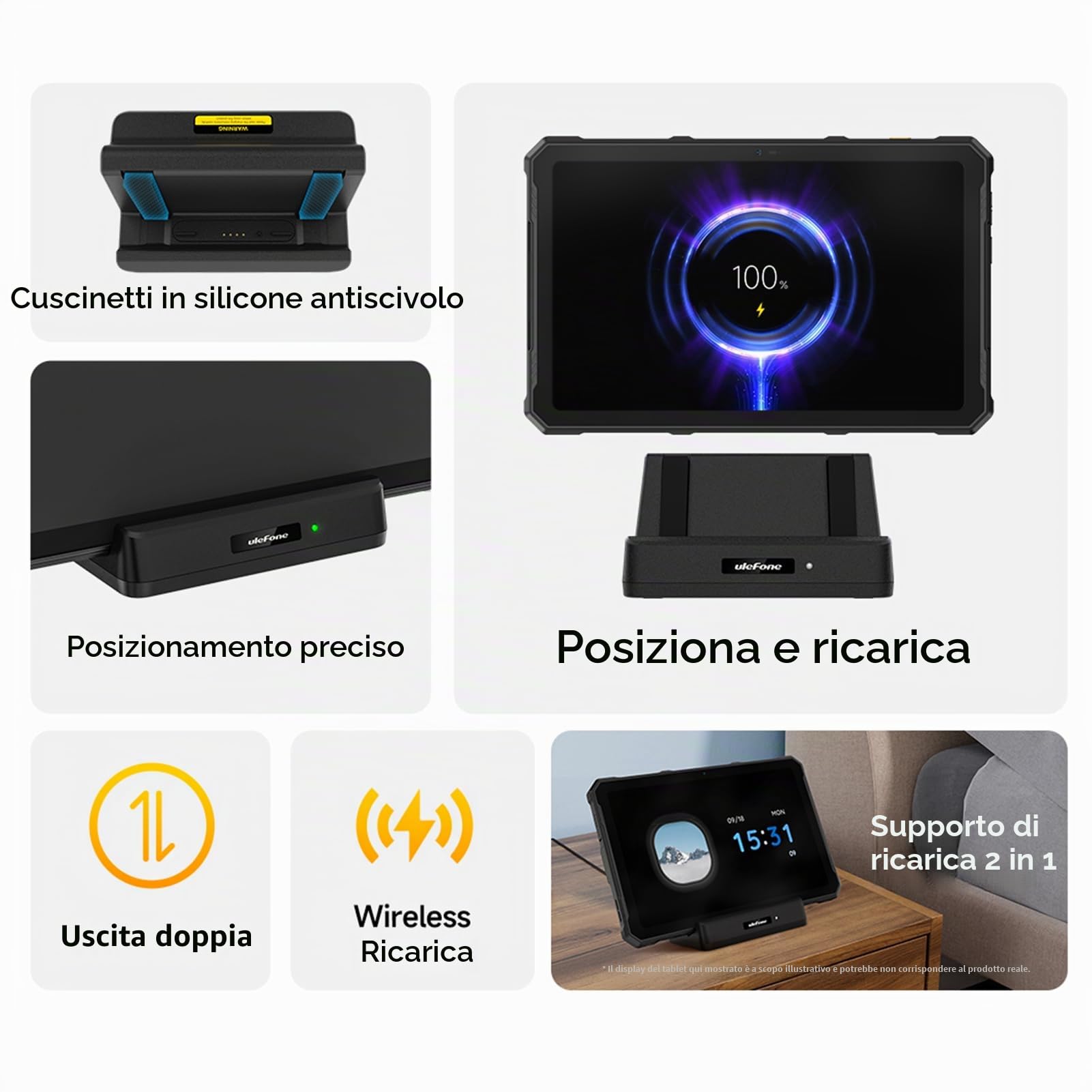 Ulefone Dock di Ricarica da Scrivania 10W, Ricarica, Doppia Uscita, Supporto Caricatore 2-in-1 con Connettore Pogo, per Armor Pad 4T/4 Ultra Tablet