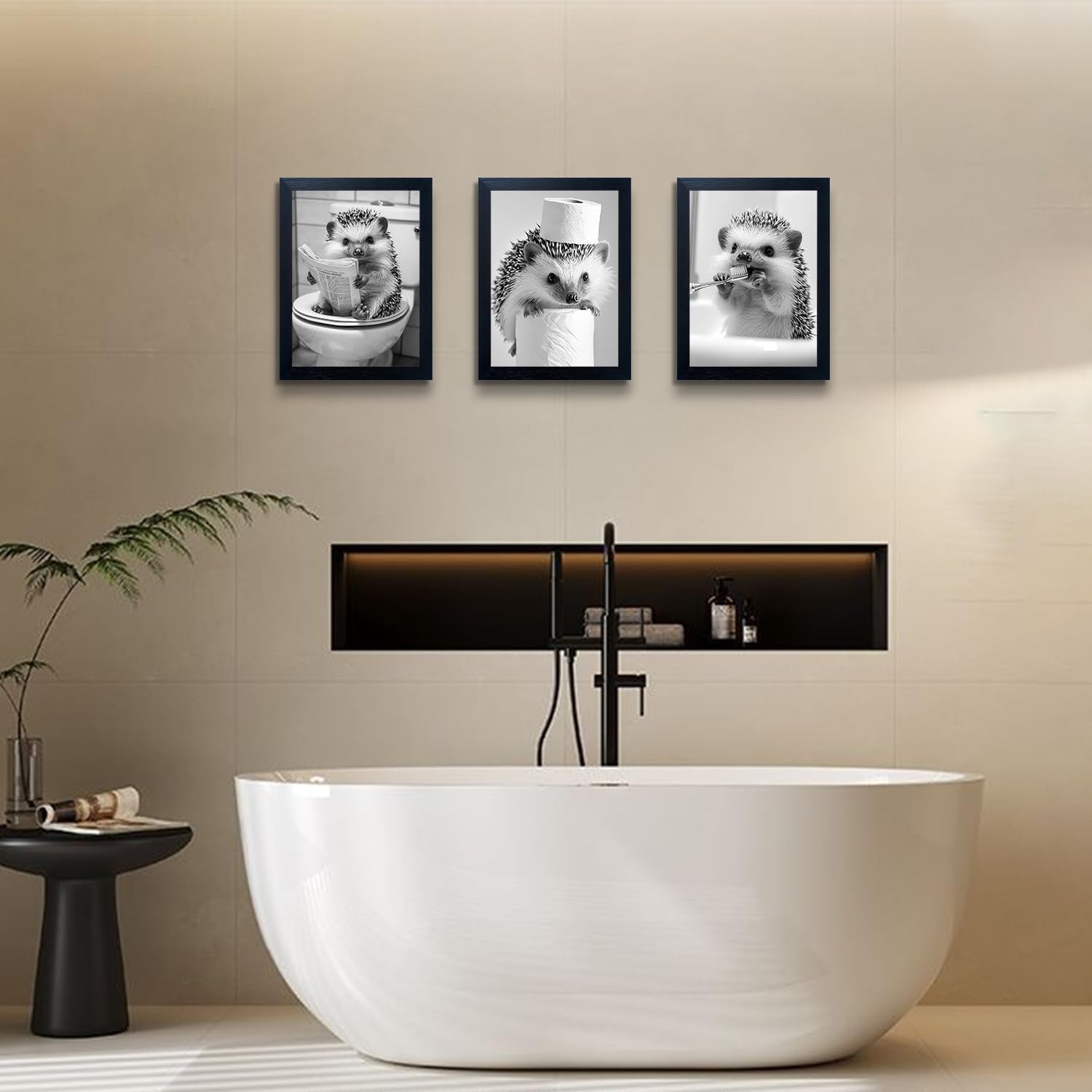 Funny Hedgehog Bathroom Art Framed Black and White Wall Art 3 Pieces Cute Animal Bathroom Picture Wall Decor Toilet Paper Print Painting Kids Room Decoration